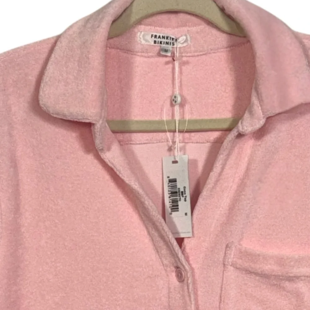 Frankies Bikinis Coco Terry Cloth Short Sleeve Swim Cover Shirt Pink M NWT